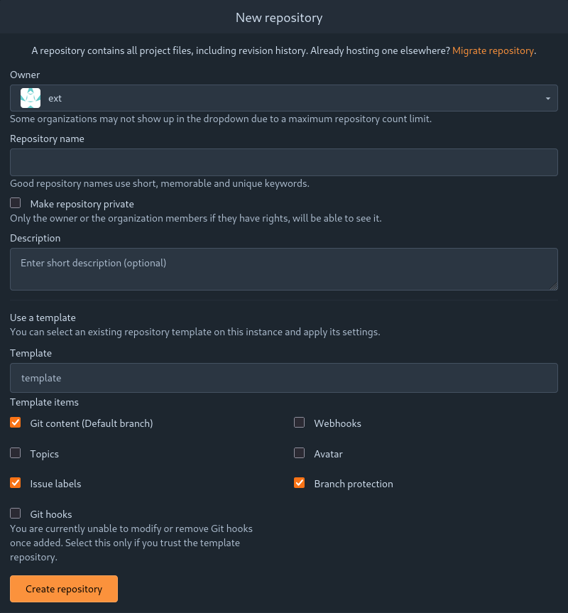 Template use form showing checked items